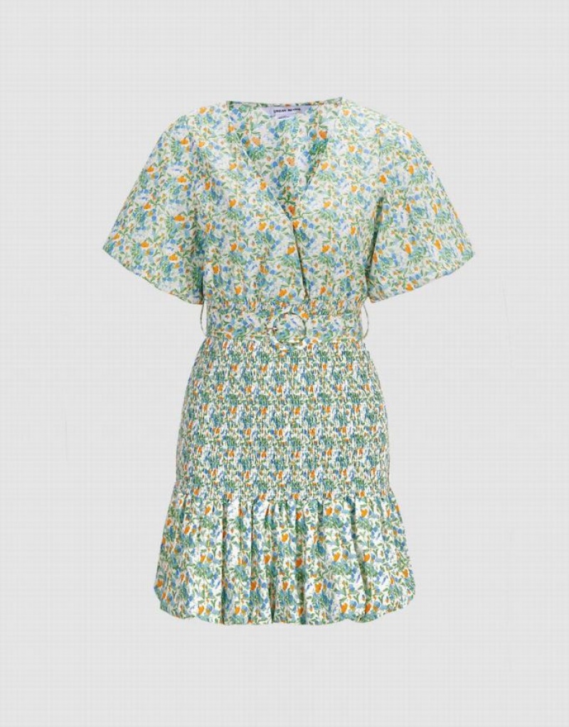 Green Urban Revivo Floral Print Shirred Belted Women\'s Casual Dress | ERPHCY-245