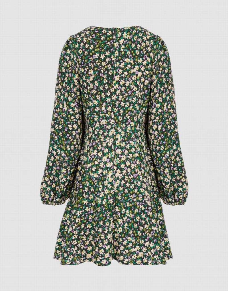 Green Urban Revivo Floral Print Sweetheart Long Sleeve Women's Casual Dress | KEPVYO-738