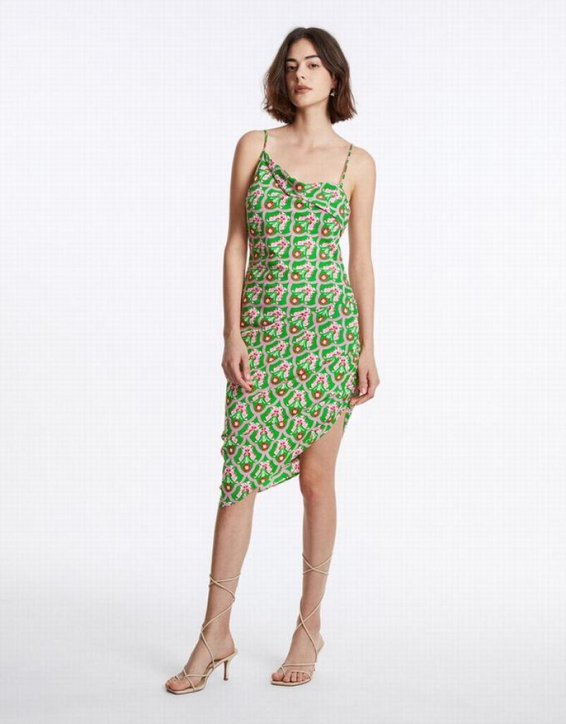 Green Urban Revivo Floral Ruched Cami Women's Dress | CGTKOY-893