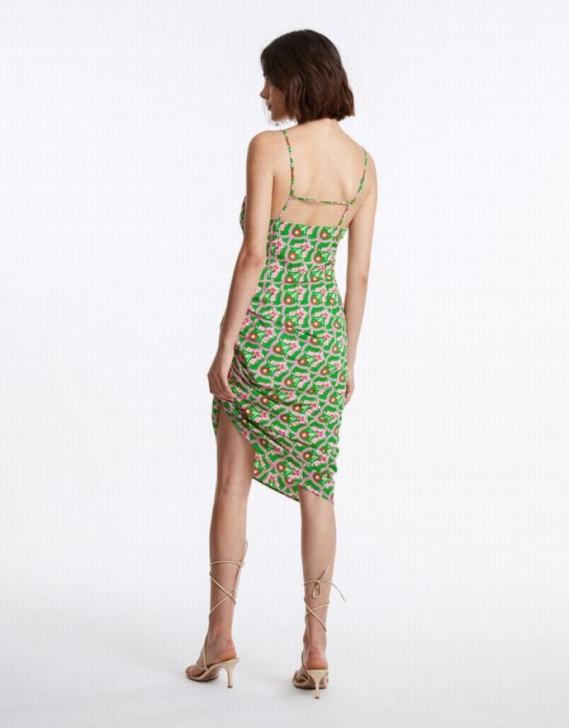 Green Urban Revivo Floral Ruched Cami Women's Dress | CGTKOY-893