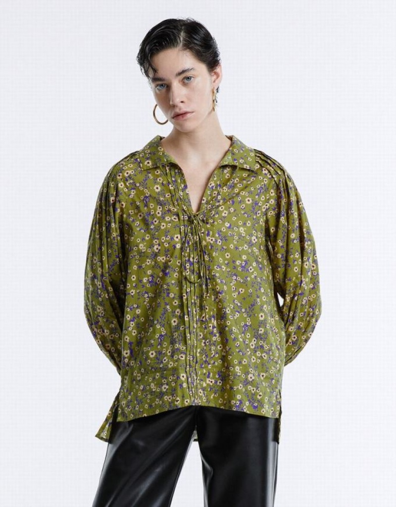 Green Urban Revivo Floral Tie Front Women's Blouse | DZKGXI-347