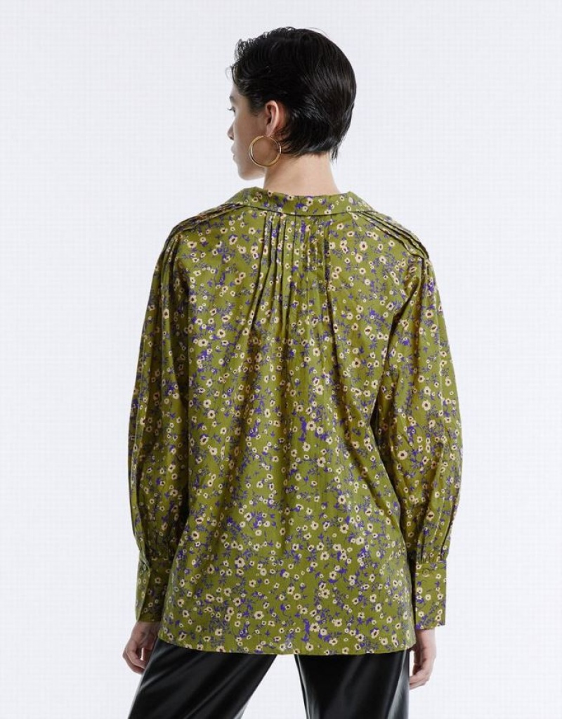 Green Urban Revivo Floral Tie Front Women's Blouse | DZKGXI-347