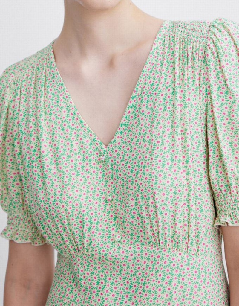 Green Urban Revivo Floral Women's Casual Dress | KNAHLD-561