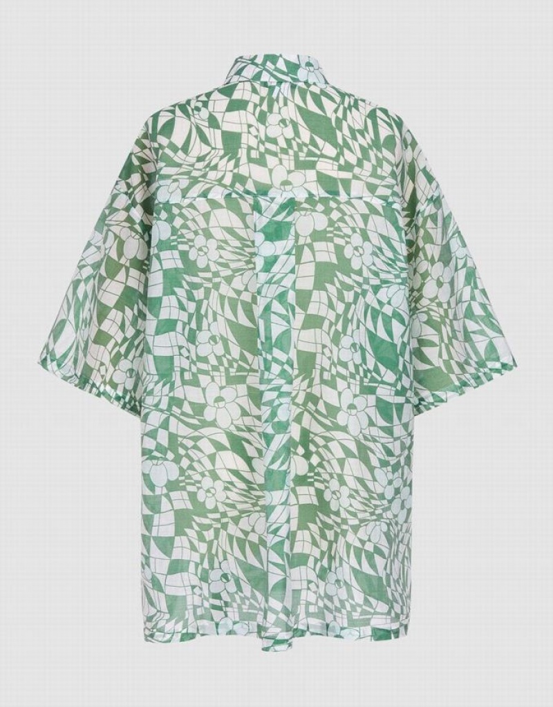 Green Urban Revivo Geometric Print Short Sleeve Women's Shirts | OKLFVB-821