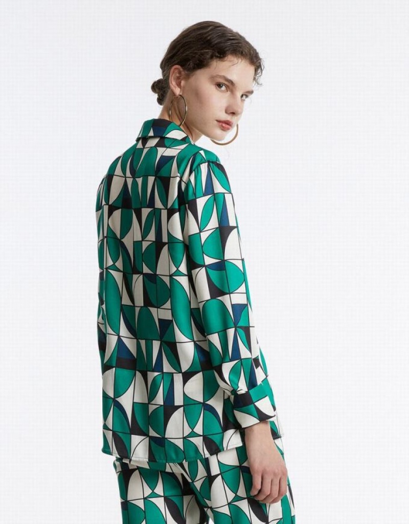 Green Urban Revivo Geometric Print Women's Shirts | NEBJGQ-364