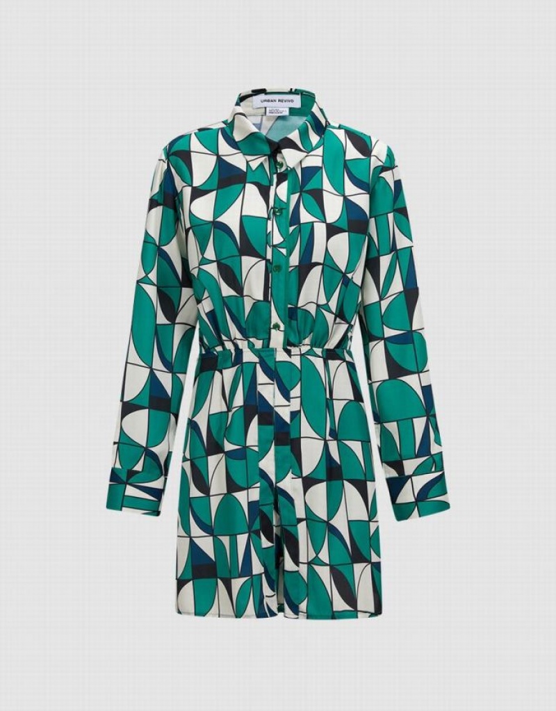 Green Urban Revivo Geometric Print Women's Shirt Dress | PMKTED-915