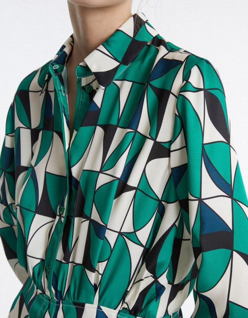 Green Urban Revivo Geometric Print Women's Shirt Dress | PMKTED-915