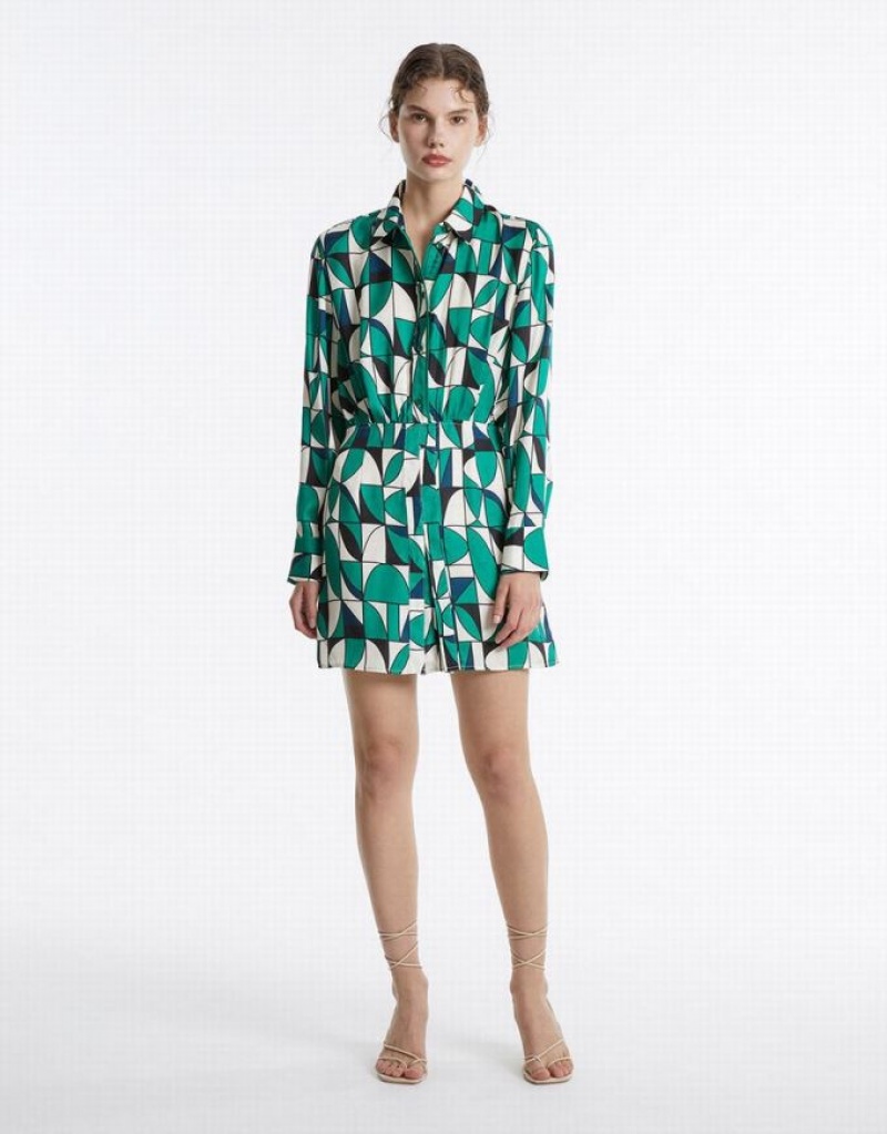 Green Urban Revivo Geometric Print Women's Shirt Dress | PMKTED-915