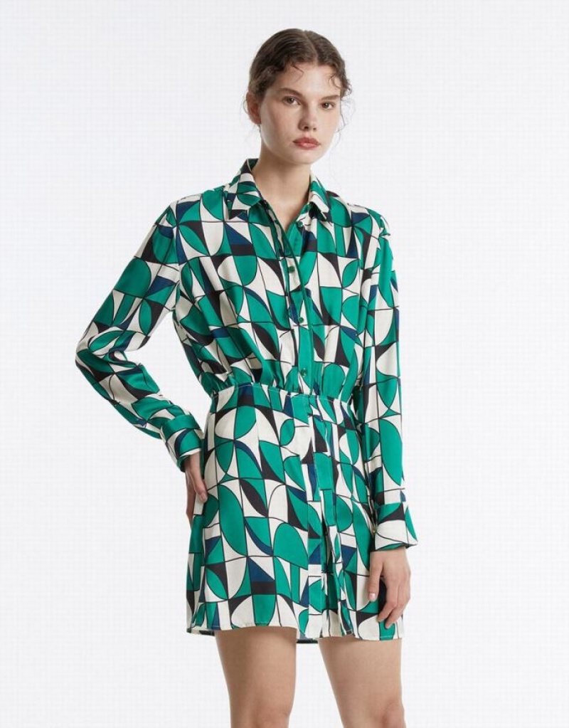 Green Urban Revivo Geometric Print Women\'s Shirt Dress | PMKTED-915