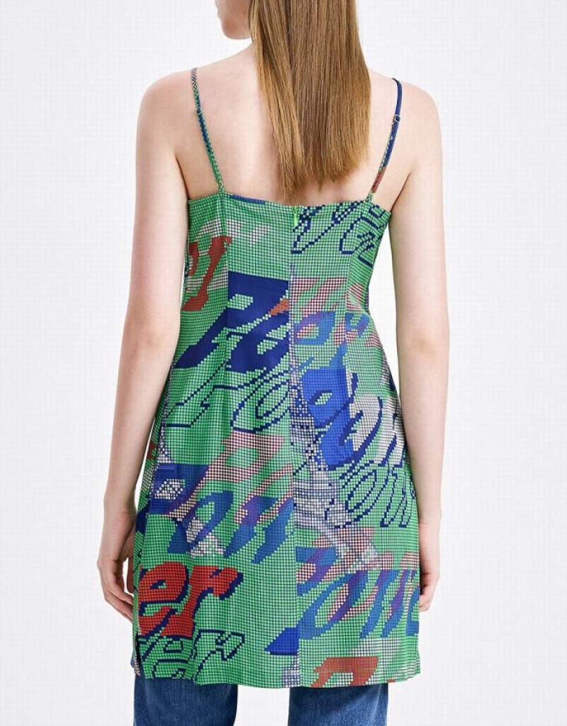 Green Urban Revivo Graffiti Print Cami Mini Women's Mini Dress | MKQBOW-791