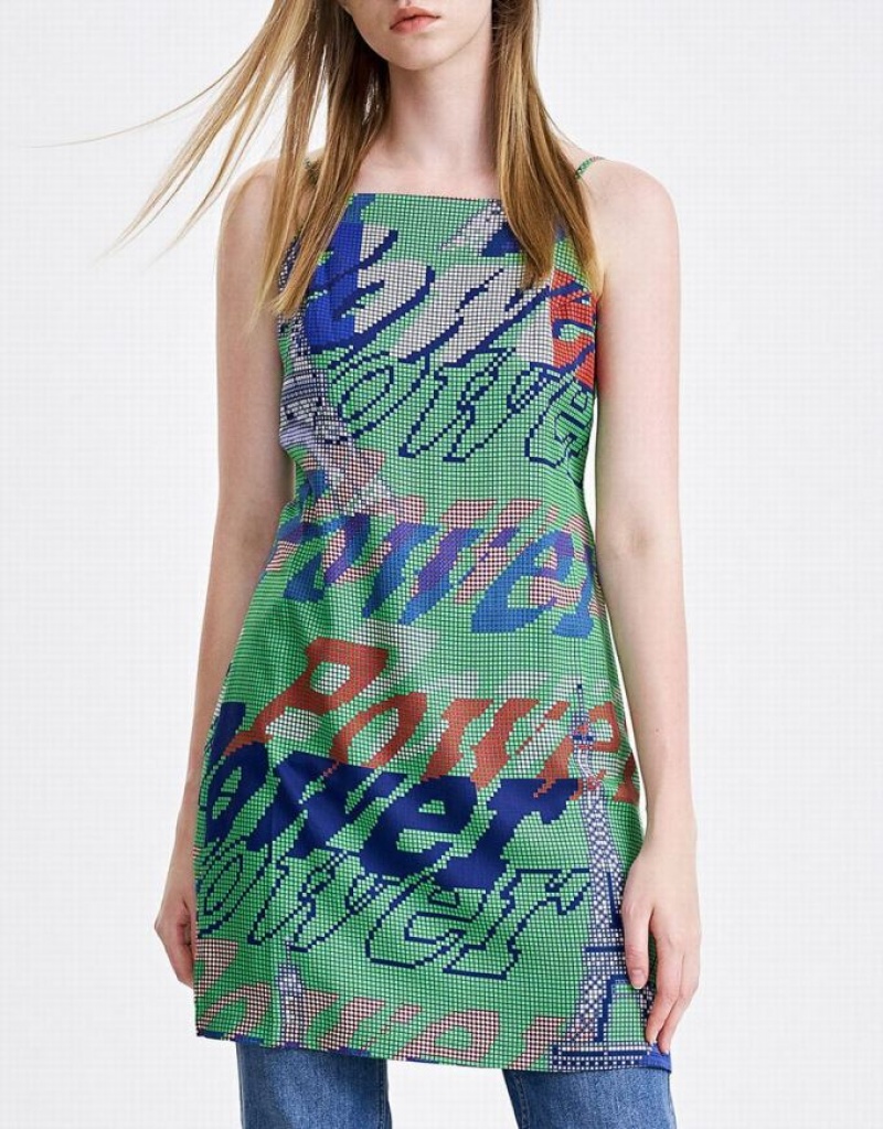 Green Urban Revivo Graffiti Print Cami Mini Women's Mini Dress | MKQBOW-791