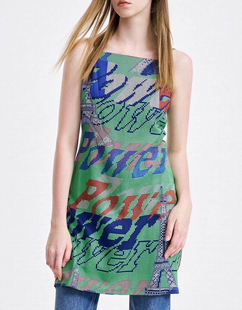 Green Urban Revivo Graffiti Print Cami Mini Women\'s Mini Dress | MKQBOW-791