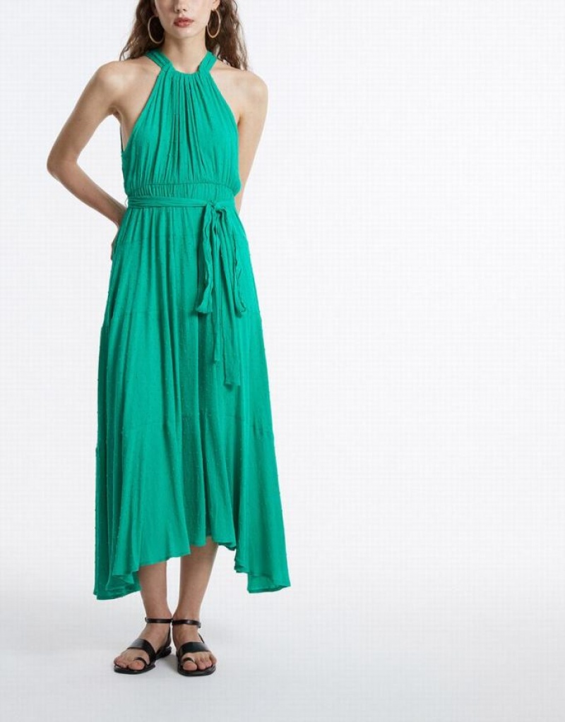 Green Urban Revivo Halter Belted Sleeveless Maxi Women's Maxi Dress | CFQAKS-315