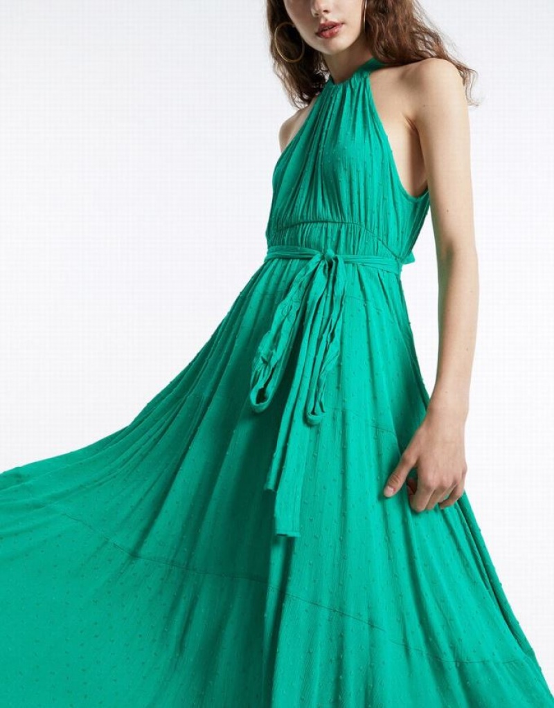 Green Urban Revivo Halter Belted Sleeveless Maxi Women's Maxi Dress | CFQAKS-315