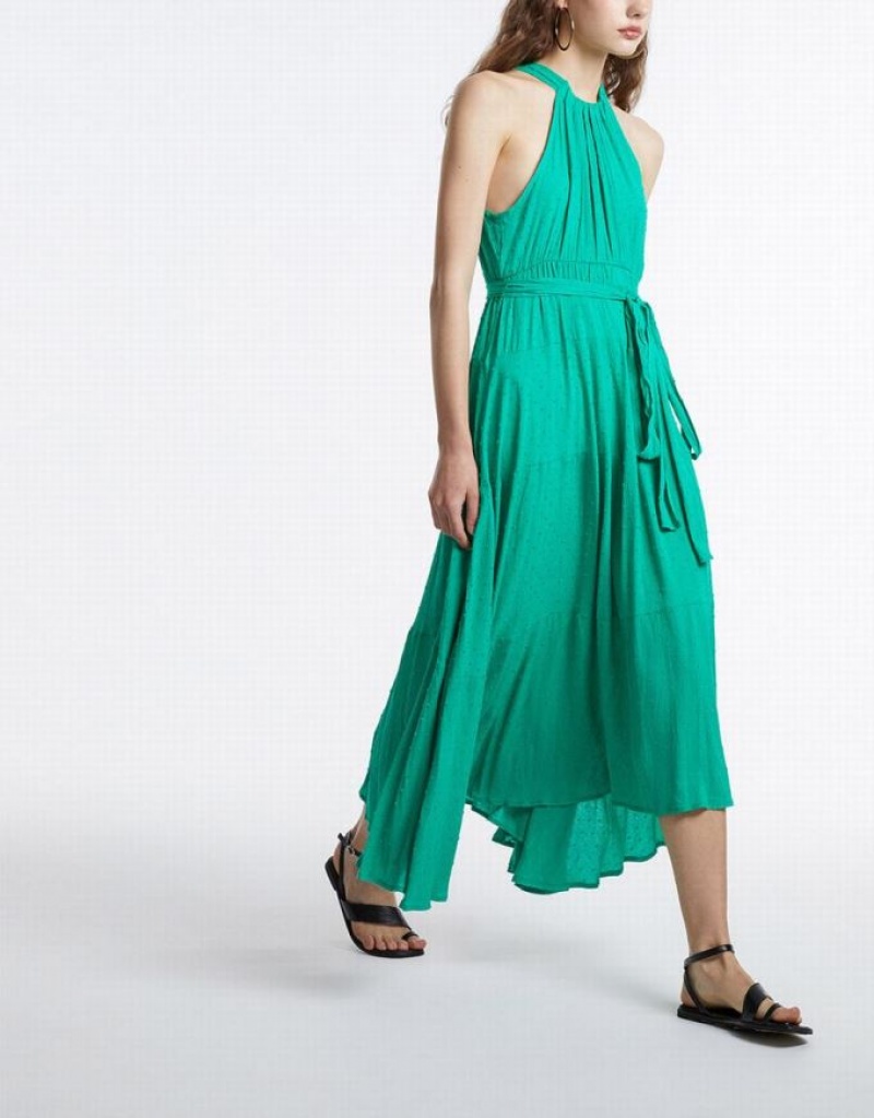 Green Urban Revivo Halter Belted Sleeveless Maxi Women's Maxi Dress | CFQAKS-315