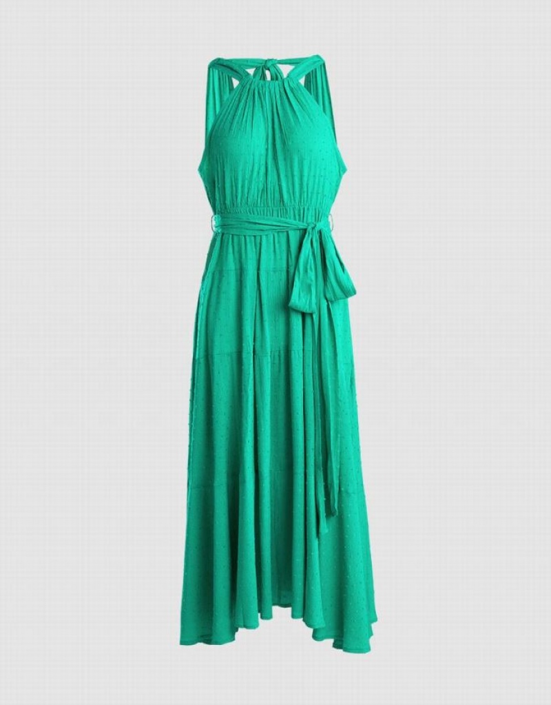 Green Urban Revivo Halter Belted Sleeveless Maxi Women\'s Maxi Dress | CFQAKS-315