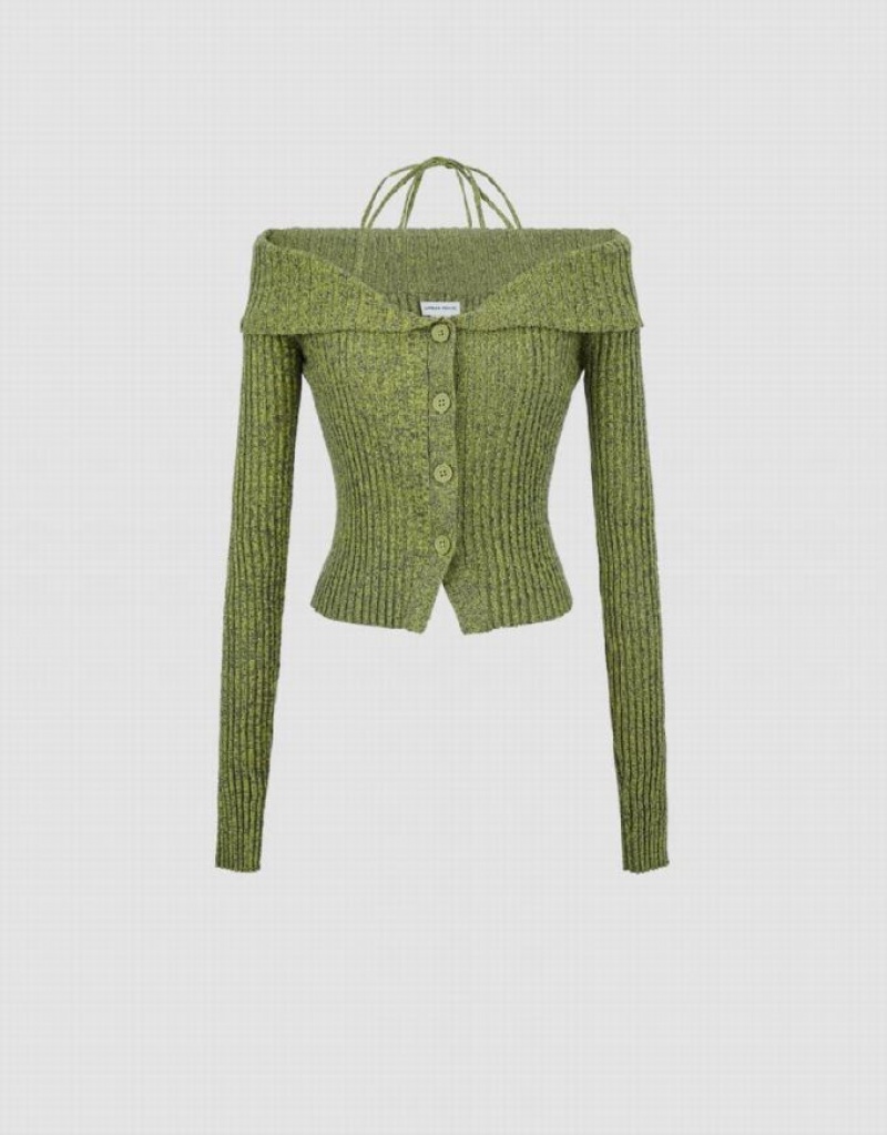 Green Urban Revivo Halter Neck Off-Shoulder Knitted Women's Cardigan | VWMNIU-025