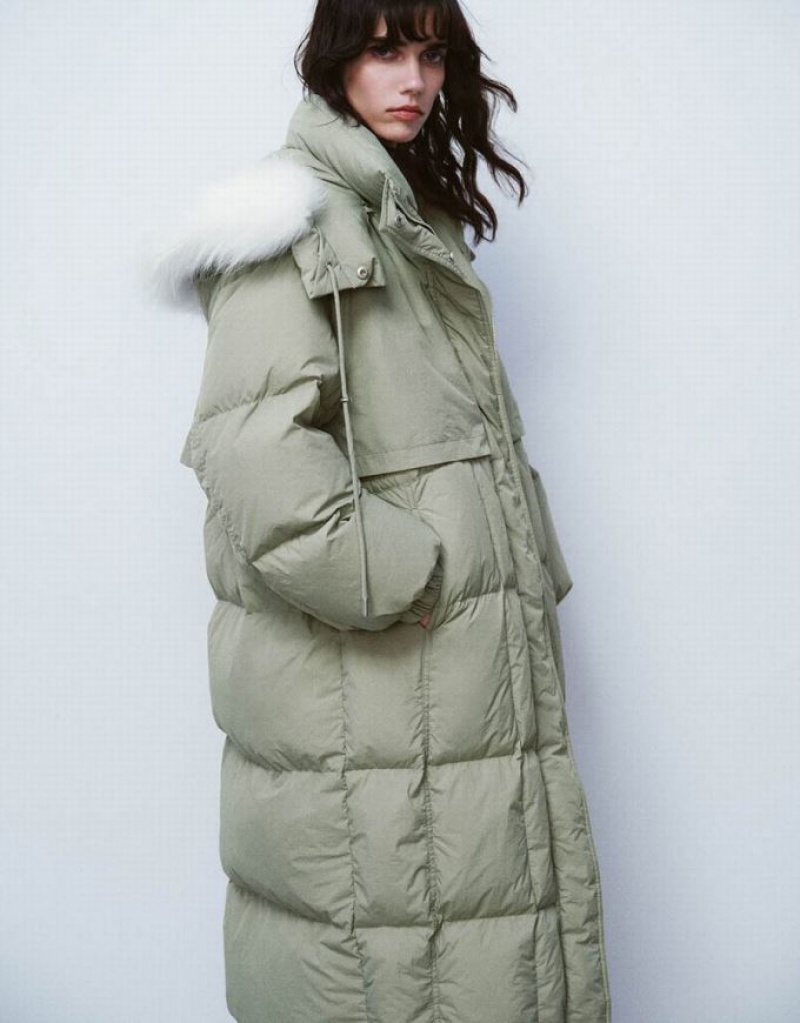 Green Urban Revivo Hooded Straight Women's Down Jackets | JKZXQS-716