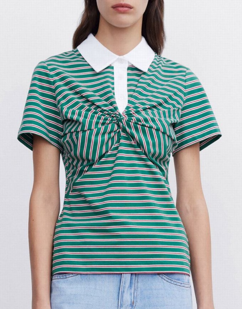 Green Urban Revivo Knotted Detail Striped Women's Polo Shirts | TCQOYK-904