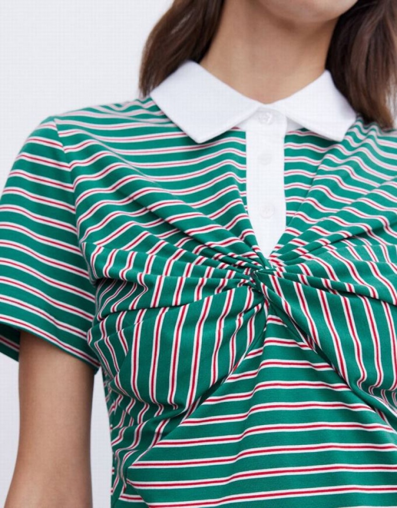 Green Urban Revivo Knotted Detail Striped Women's Polo Shirts | TCQOYK-904