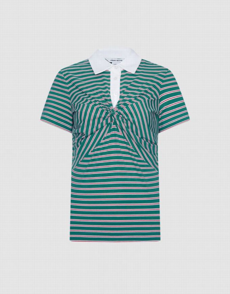 Green Urban Revivo Knotted Detail Striped Women\'s Polo Shirts | TCQOYK-904