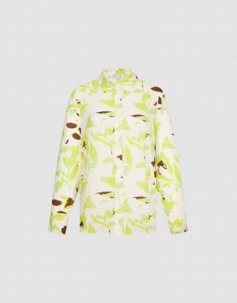 Green Urban Revivo Leaf Print Button Up Women's Shirts | KWDGZO-079