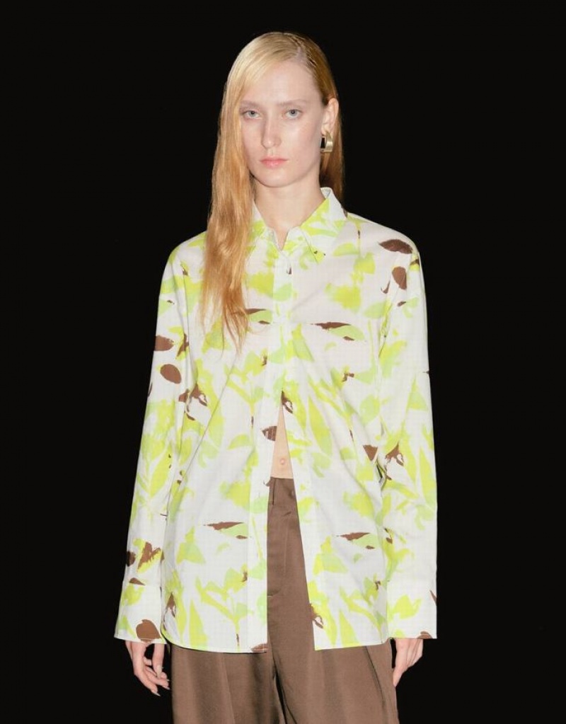 Green Urban Revivo Leaf Print Button Up Women's Shirts | KWDGZO-079