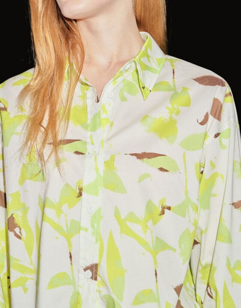 Green Urban Revivo Leaf Print Button Up Women's Shirts | KWDGZO-079