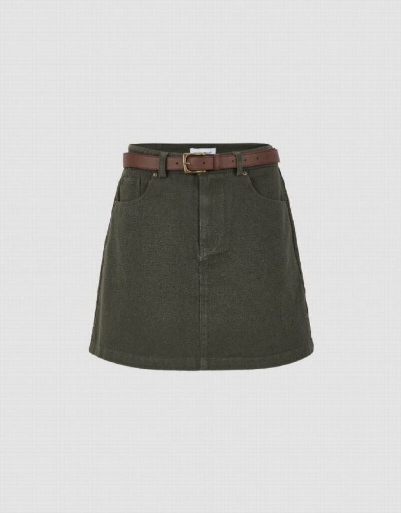 Green Urban Revivo Mini A-Line With Belt Women\'s Denim Skirt | MDNVGR-036