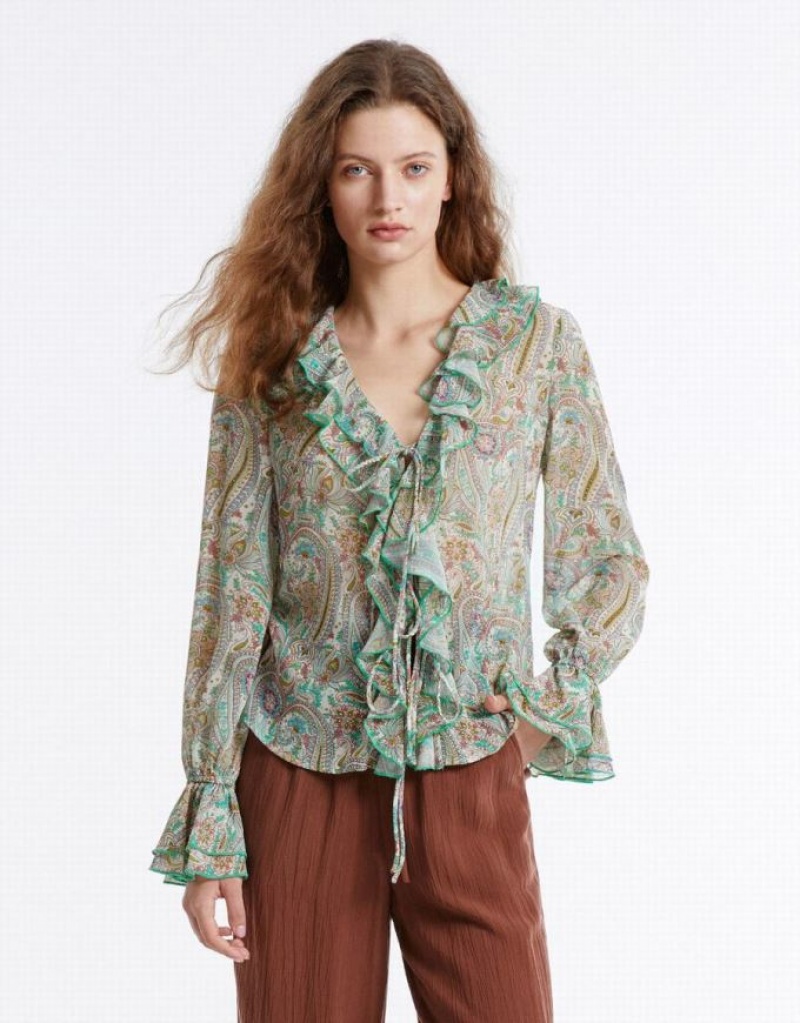 Green Urban Revivo Paisley Print Ruffled Women's Shirts | OANCTF-209