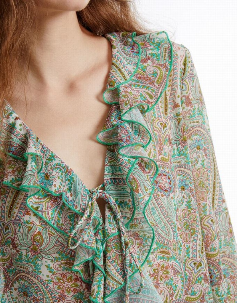 Green Urban Revivo Paisley Print Ruffled Women's Shirts | OANCTF-209