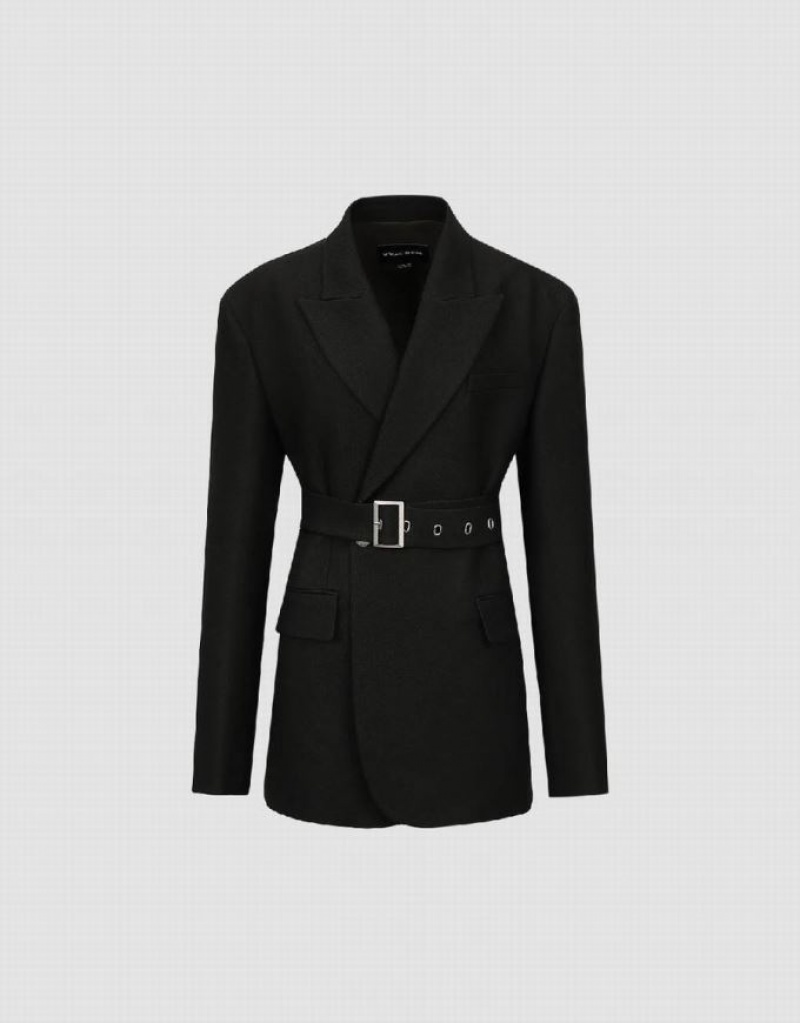 Green Urban Revivo Peak Lapel Tailored With Belt Women's Blazers | LCDGZW-587