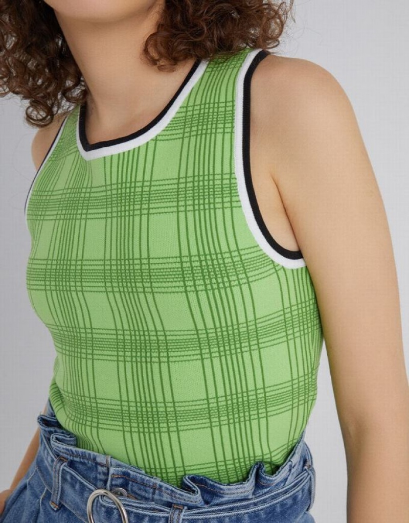 Green Urban Revivo Plaid Jacquard Knitted Women's Tank Top | XUSWIP-038