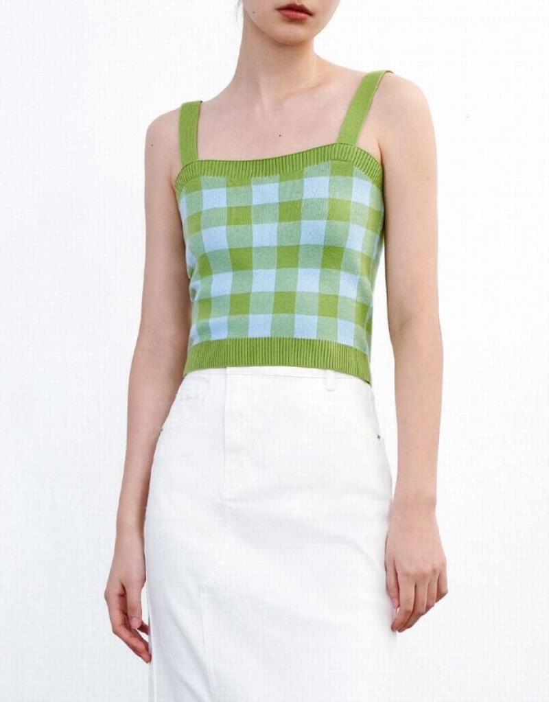 Green Urban Revivo Plaid Knitted Women's Camisole | NRSXWG-913