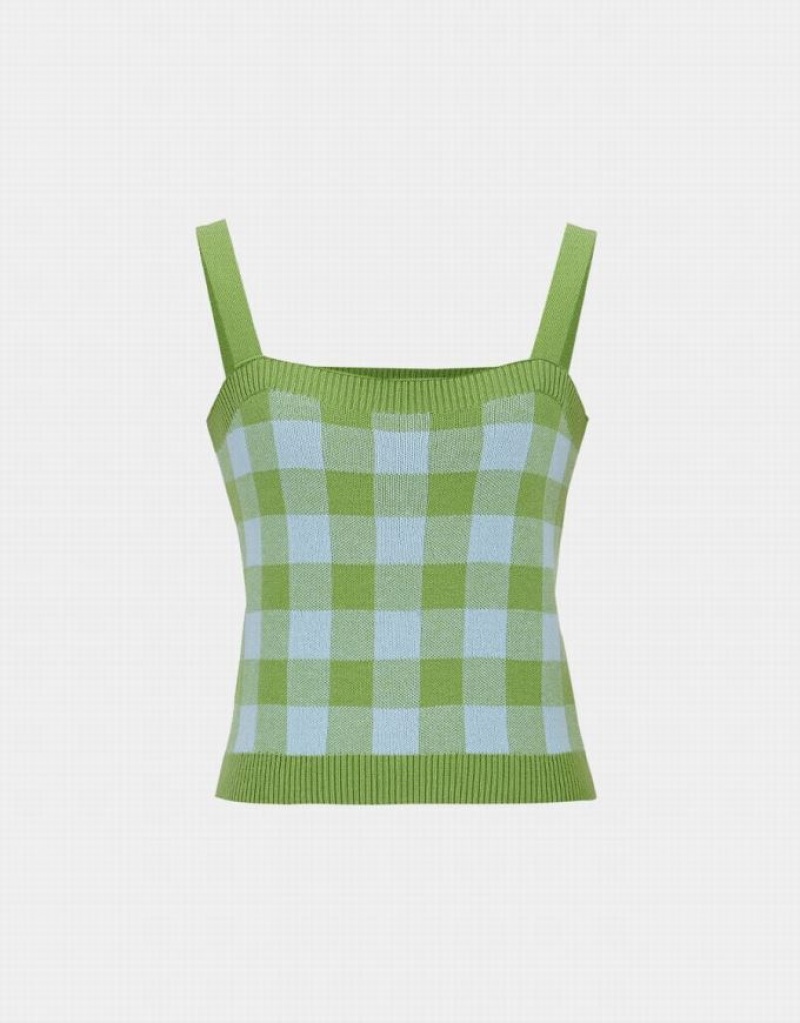 Green Urban Revivo Plaid Knitted Women\'s Camisole | NRSXWG-913