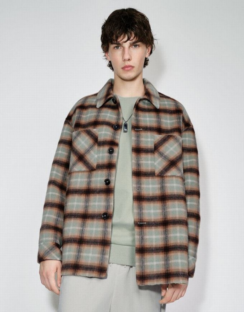 Green Urban Revivo Plaid Straight Woolen Men\'s Jacket | JHYPUG-189