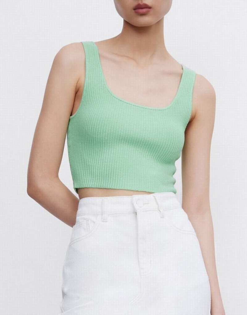 Green Urban Revivo Plain Ribbed Knit Women's Tank Top | ZEFKRA-805