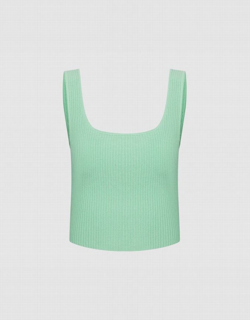 Green Urban Revivo Plain Ribbed Knit Women\'s Tank Top | ZEFKRA-805