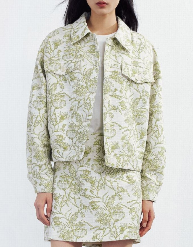 Green Urban Revivo Plant Print Button Up Women's Jacket | FKNYOU-039