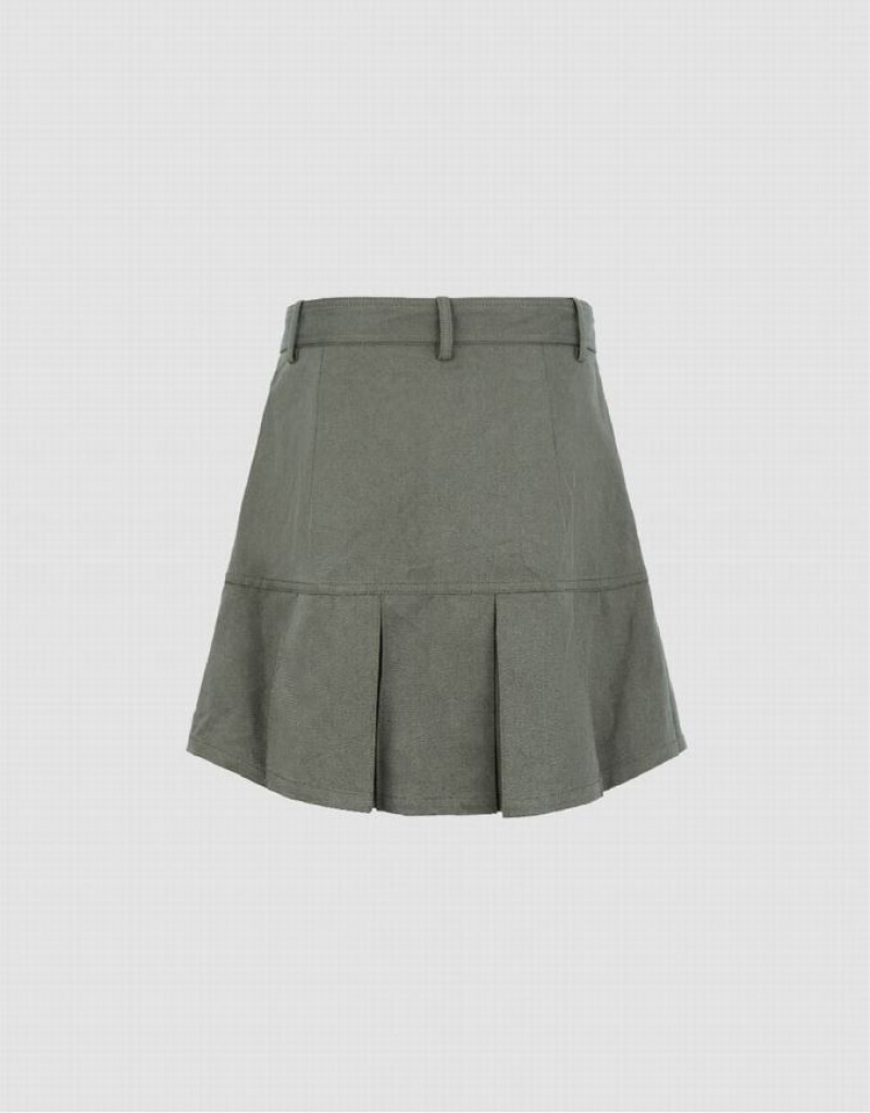 Green Urban Revivo Pleated Mini A-Line With Belt Women's Skirts | HPEYXD-794