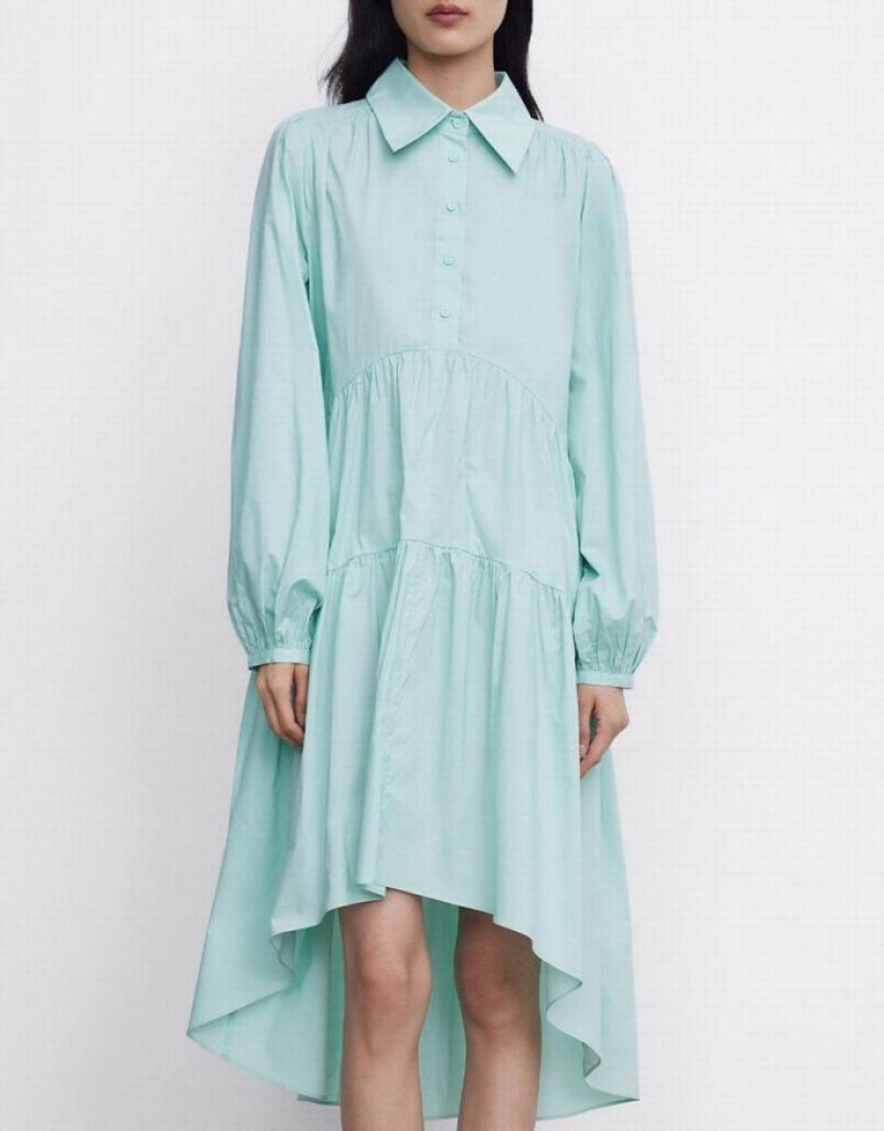 Green Urban Revivo Puff Sleeve Asymmetrical Hem Women's Shirt Dress | ZQEOHS-374