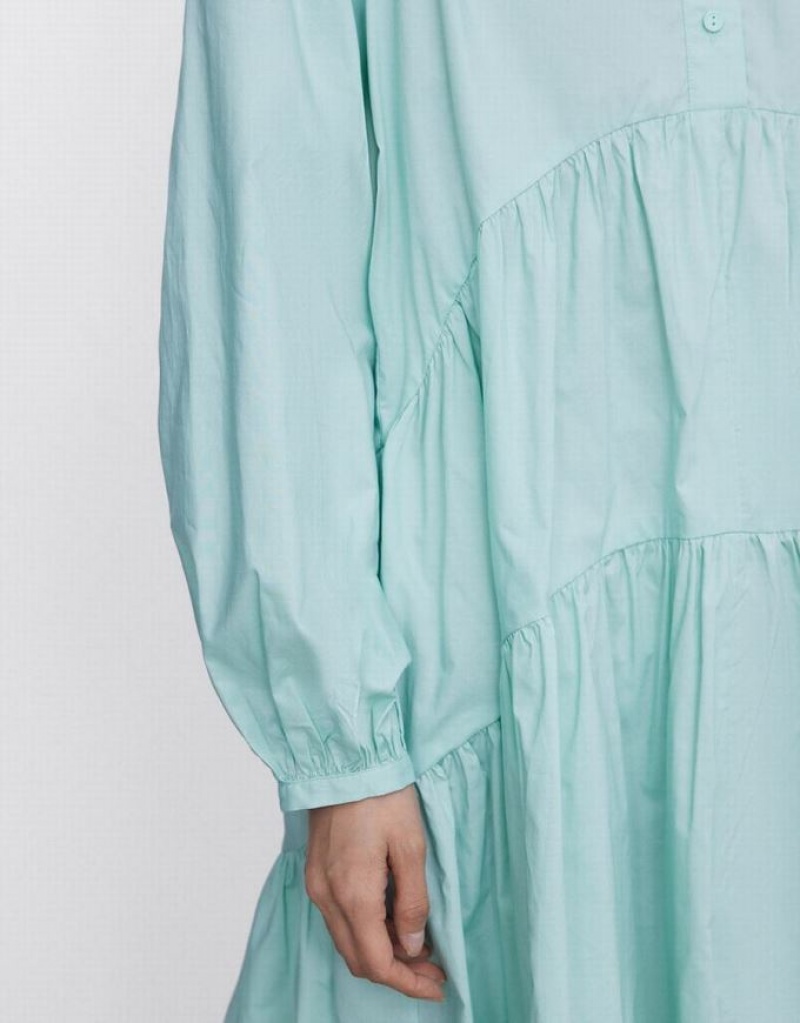 Green Urban Revivo Puff Sleeve Asymmetrical Hem Women's Shirt Dress | ZQEOHS-374