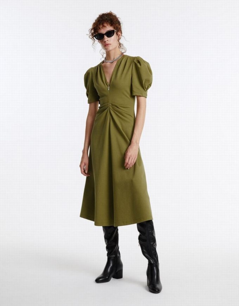 Green Urban Revivo Puff Sleeve Ruched Women's Casual Dress | IQHEZG-896