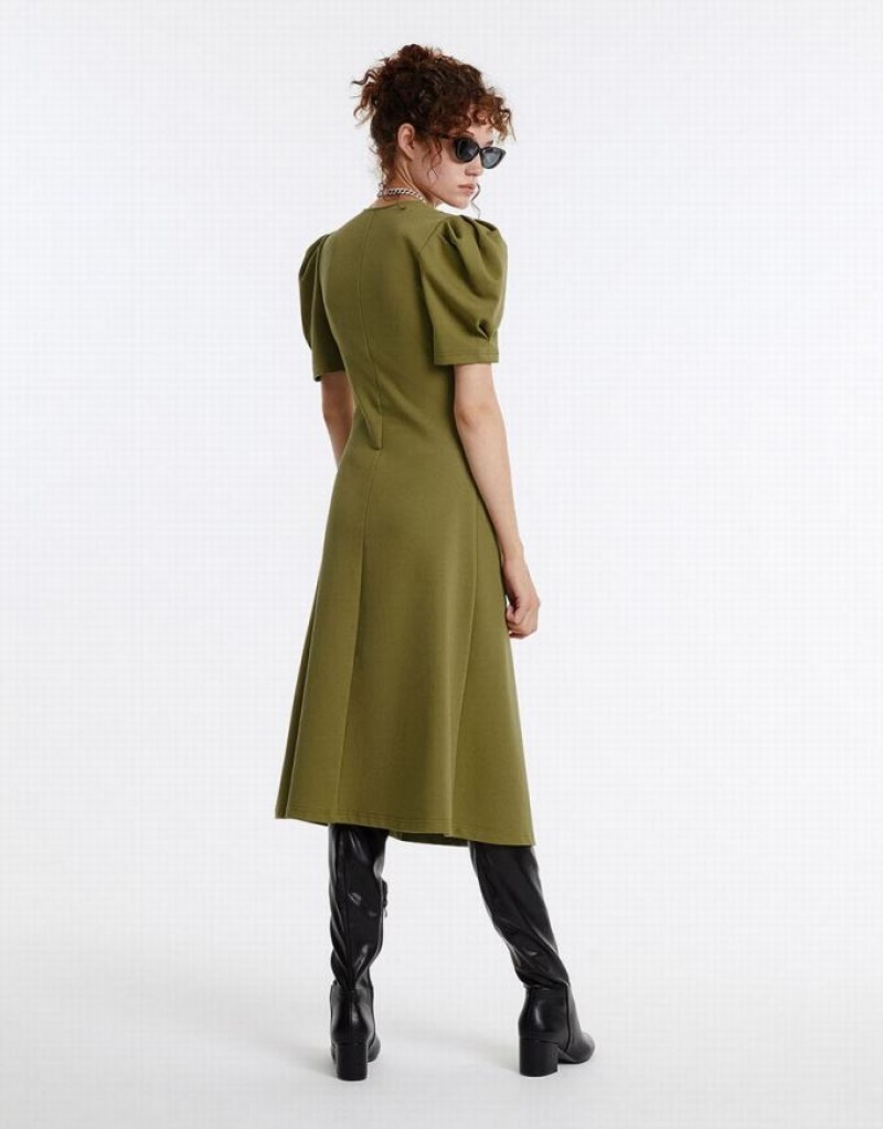 Green Urban Revivo Puff Sleeve Ruched Women's Casual Dress | IQHEZG-896