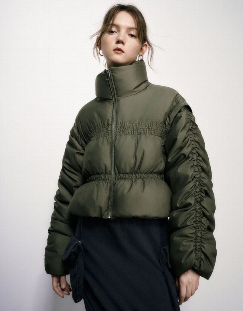 Green Urban Revivo Raglan Sleeve Stand Collar Women\'s Puffer Jacket | LADVQC-581