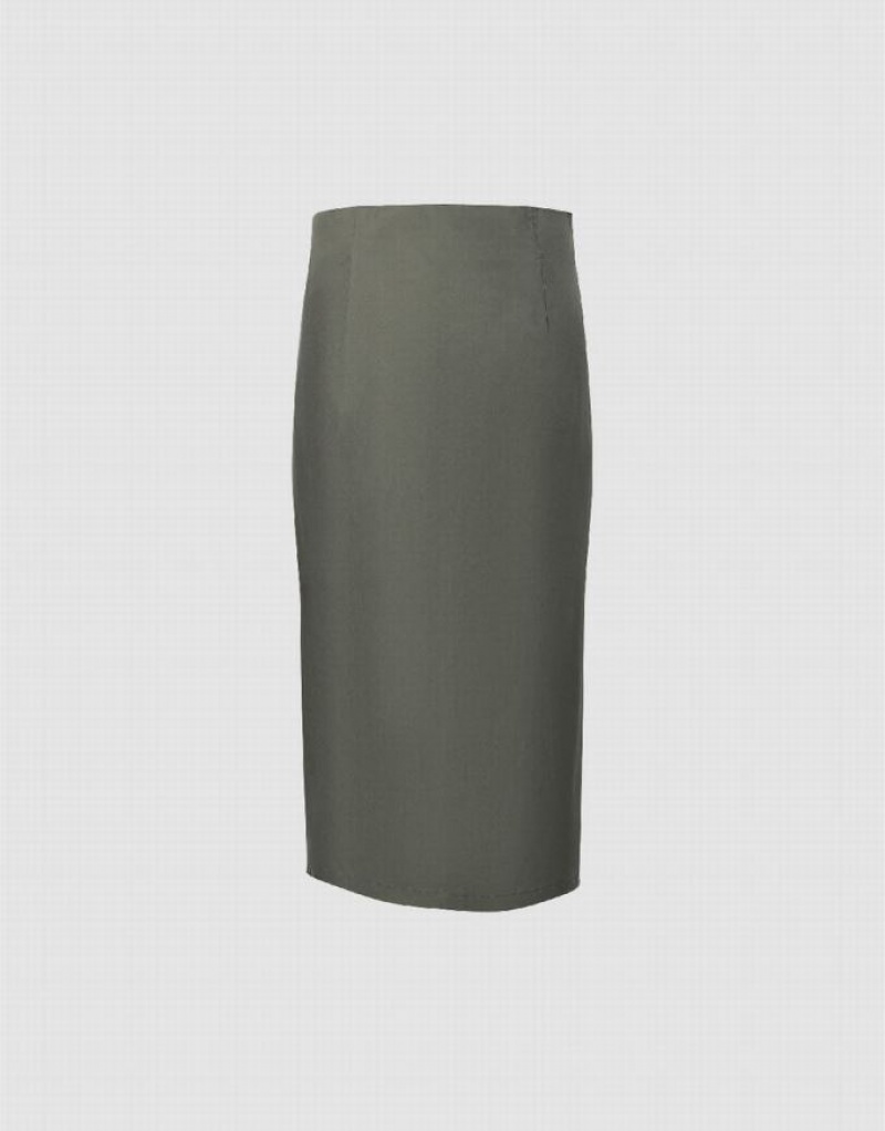 Green Urban Revivo Ruched Midi Straight Women's Skirts | MVBLEZ-782