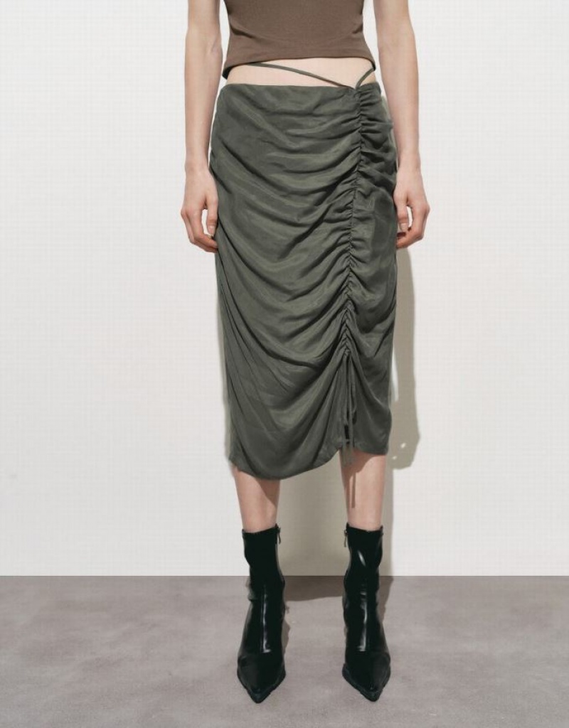 Green Urban Revivo Ruched Midi Straight Women's Skirts | MVBLEZ-782