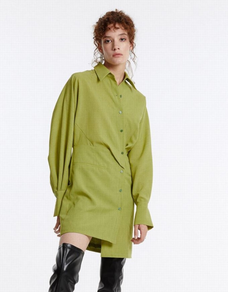 Green Urban Revivo Ruched Women's Casual Dress | YMRBDI-098