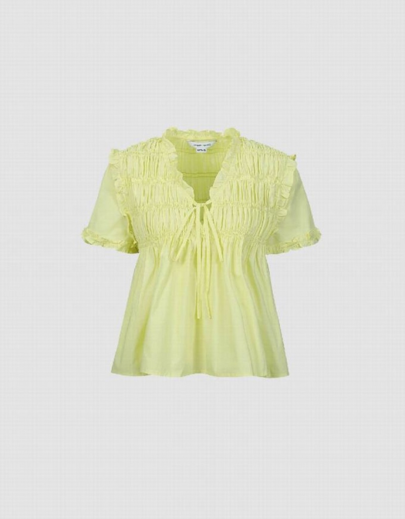 Green Urban Revivo Shirred Puff Sleeve Overhead Women's Blouse | KALHWT-513