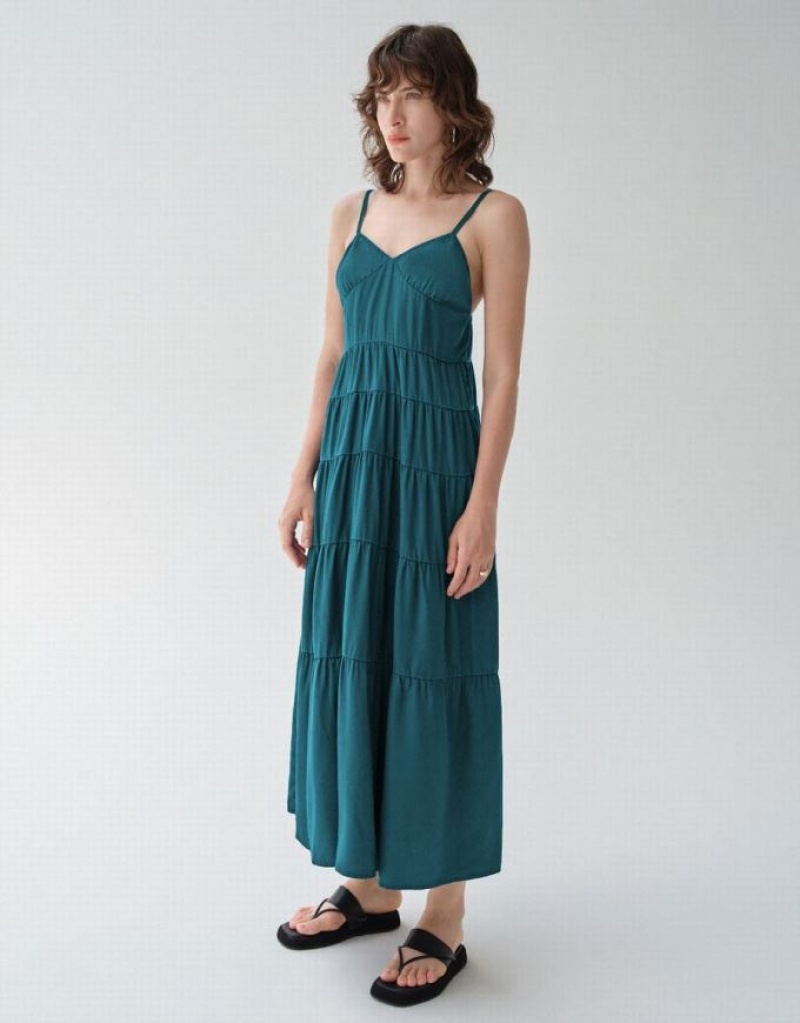 Green Urban Revivo Sleeveless V-Neck Women's Denim Dress | CAMENQ-314